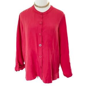 Vintage silk/linen hot pink button front roll tab sleeve blouse size medium M